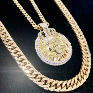 SET LION KING DOUBLE CHAIN CUBAN LINK 18K GOLD